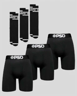 PSD Underwear 3 Pack Solid Black Brief & Sock Bundle
